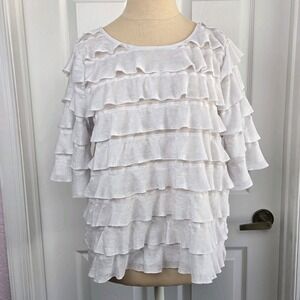 Anthropologie Vanessa Virginia Silver Ruffle Shirt Size L Tiered Top Tie Back